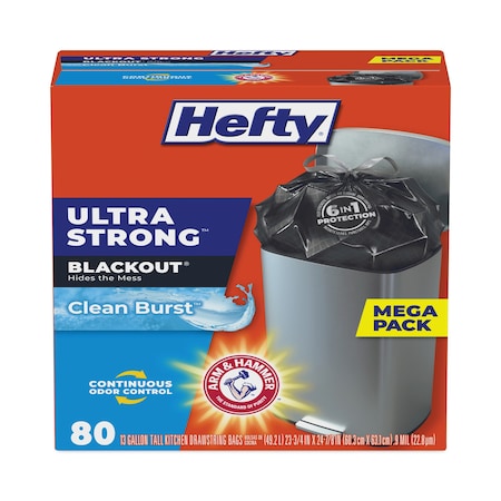 Hefty 13 gal Trash Bags, 23.75 in x 24.88 in, Standard-Duty, 0.9 mil, Black, 80 PK E88352